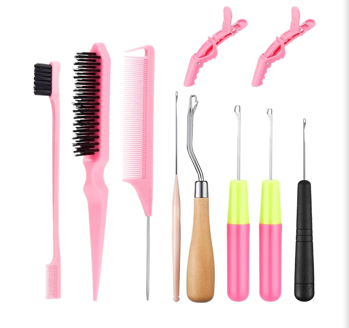 Crochet hair tool kit with latch hooks, combs, brushes and clips